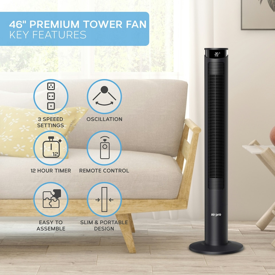 image 1 of Air Pro Smart 46" Tower Fan - Oscillating Bladeless Fan with Remote Control - Black