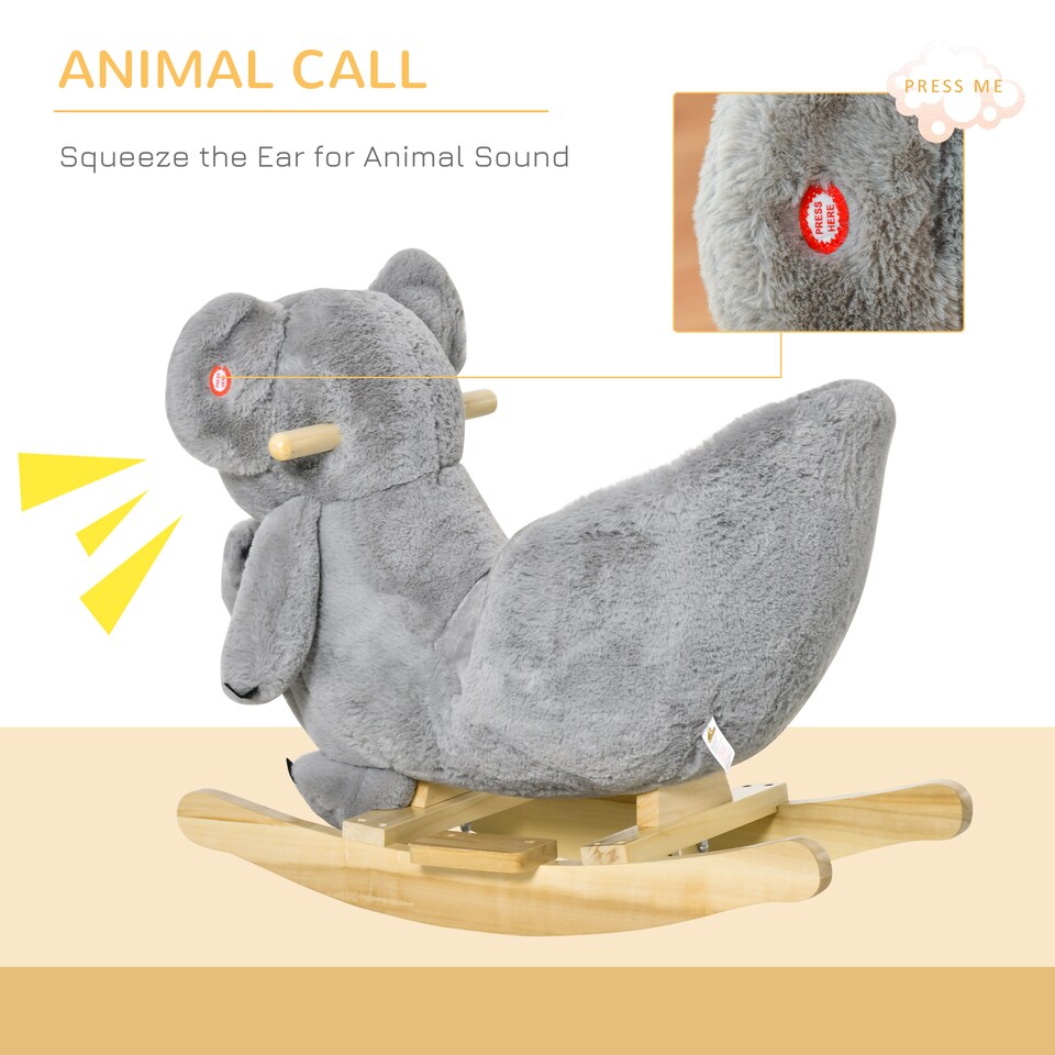 image 1 of HOMCOM Kids Plush Ride-On Rocking Horse Koala-shaped Toy w/ Gloved Doll Grey