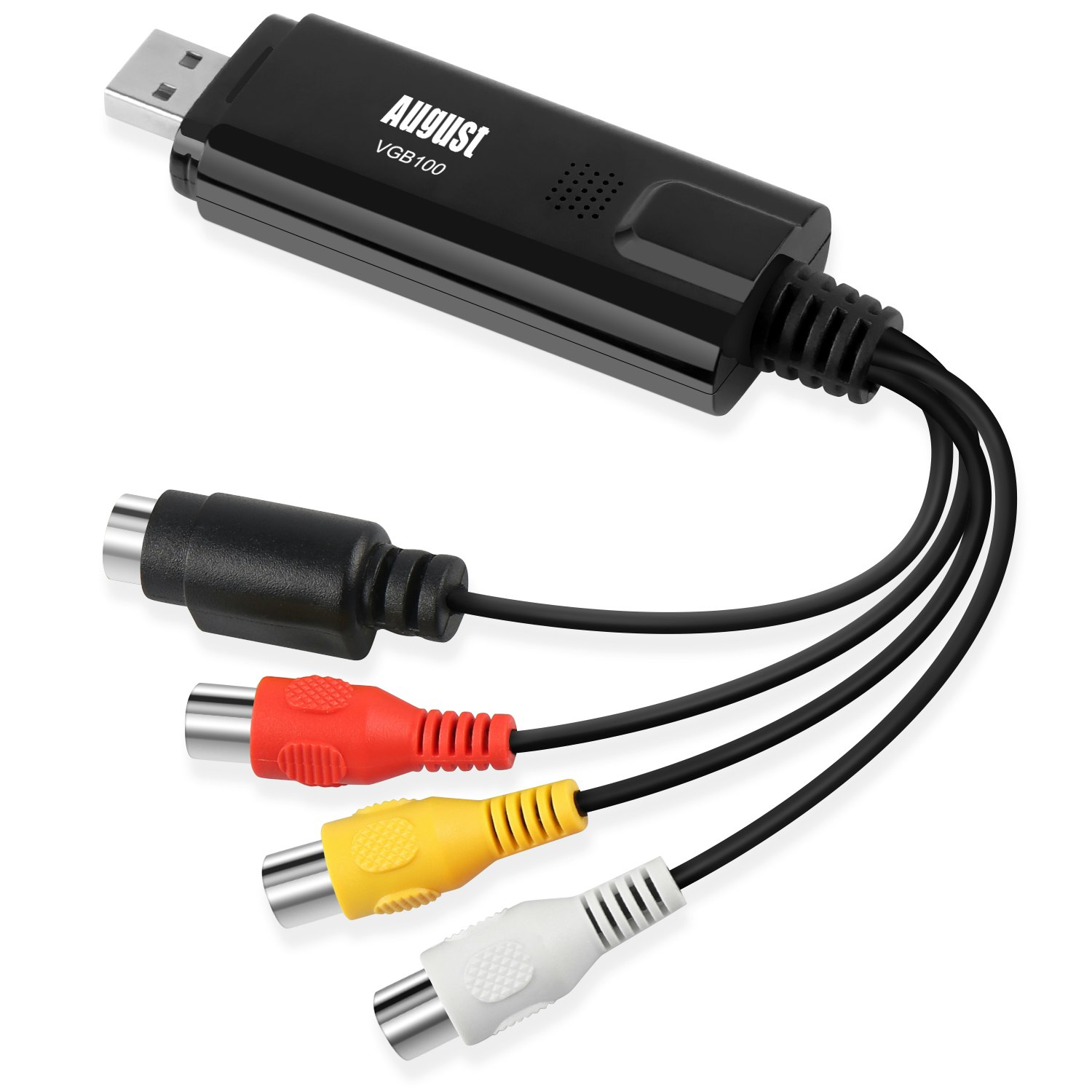 USB Video Capturer Card Adapter - Convert VHS Analog Video to Digital - For Windows 10 PC/Laptop - August VGB100