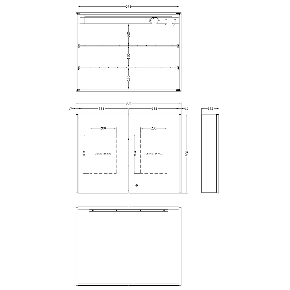 image 1 of Rectangular 2 Door Touch Sensor Mirror Cabinet with 2 Shelves, Demister & Shaver Socket, 800mm - White/Chrome Silver