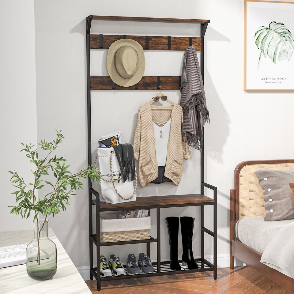 image 1 of COSTWAY 3 in 1 Coat Rack Hall Tree with Shoe Bench   Shoe Storage Coffee