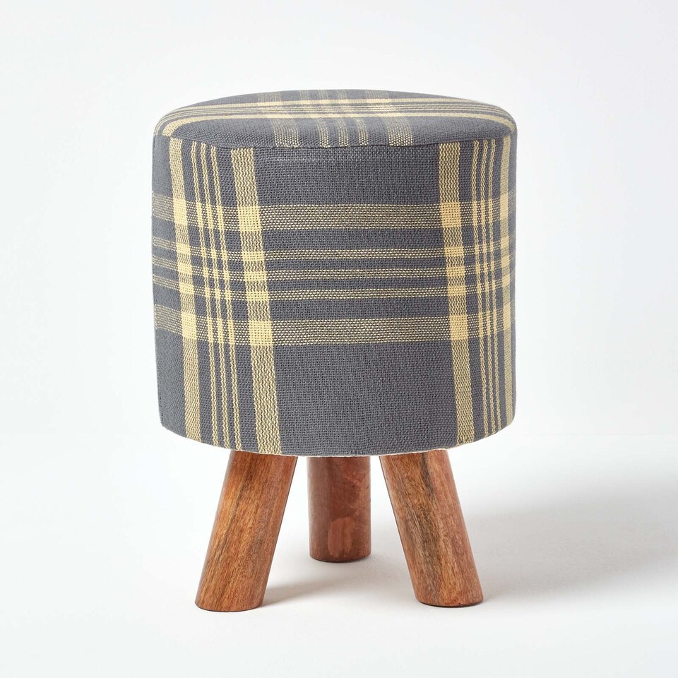 image 1 of Homescapes Grey and Yellow Tall Tartan Fabric Stool with Legs | Grey | 32 x 32 x 42 cm