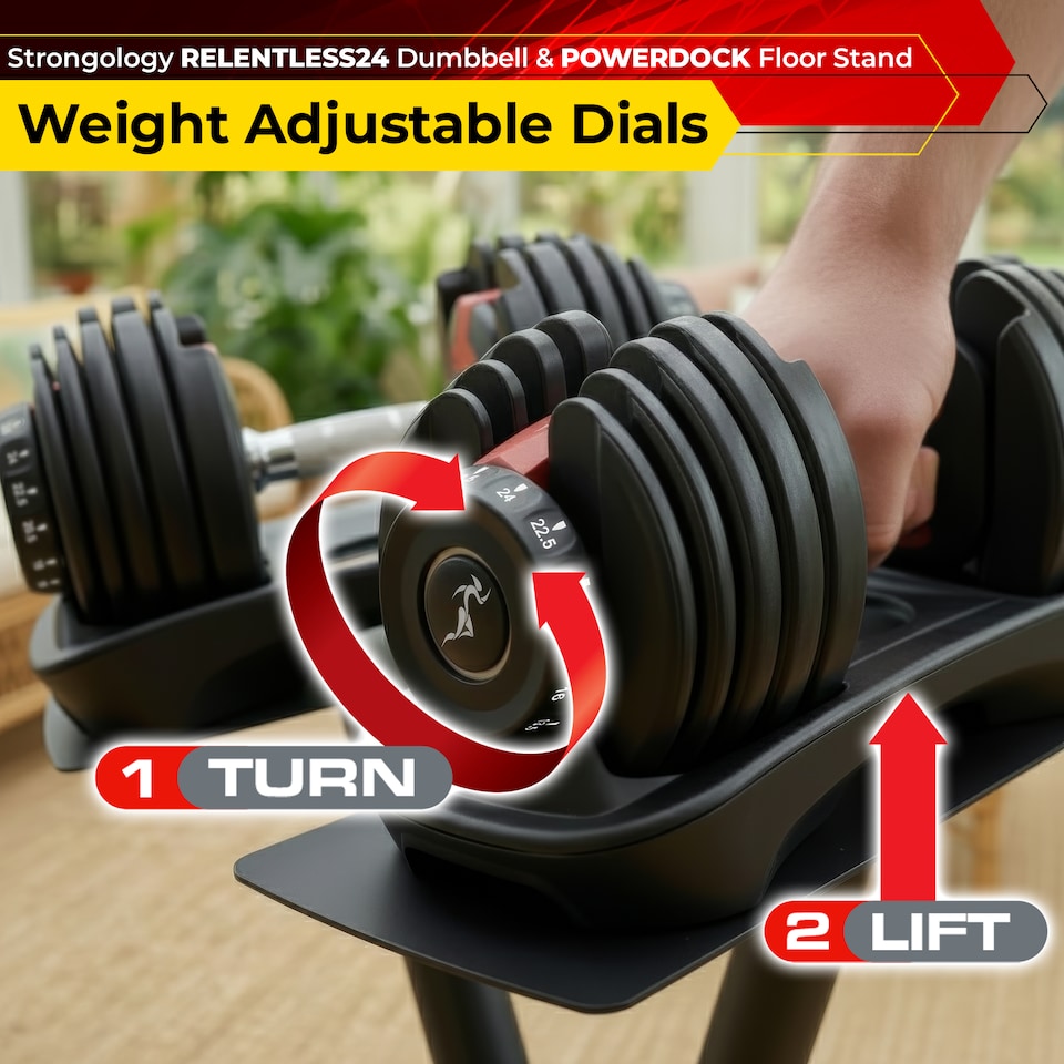 image 1 of Strongology RELENTLESS24 Adjustable Dumbbell Pair (2.5-24kg) and POWERDOCK Stand 15-in-1 Quick-Select Weights Home Gym Bundle