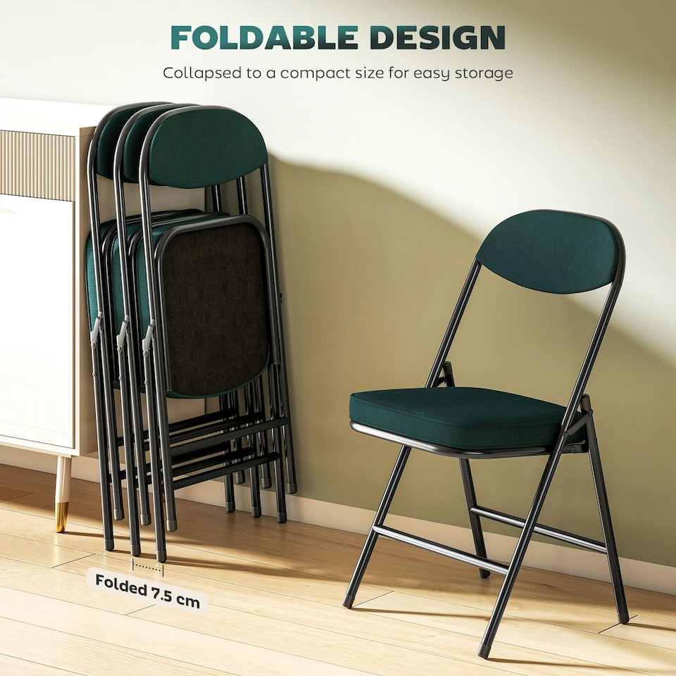 image 1 of HOMCOM Folding Chairs Set of 4 with Cushioned Seat, Steel Frame, Teal Green