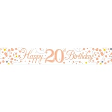 Happy 20th Birthday Rose Gold Holographic Foil Banner 2.7m