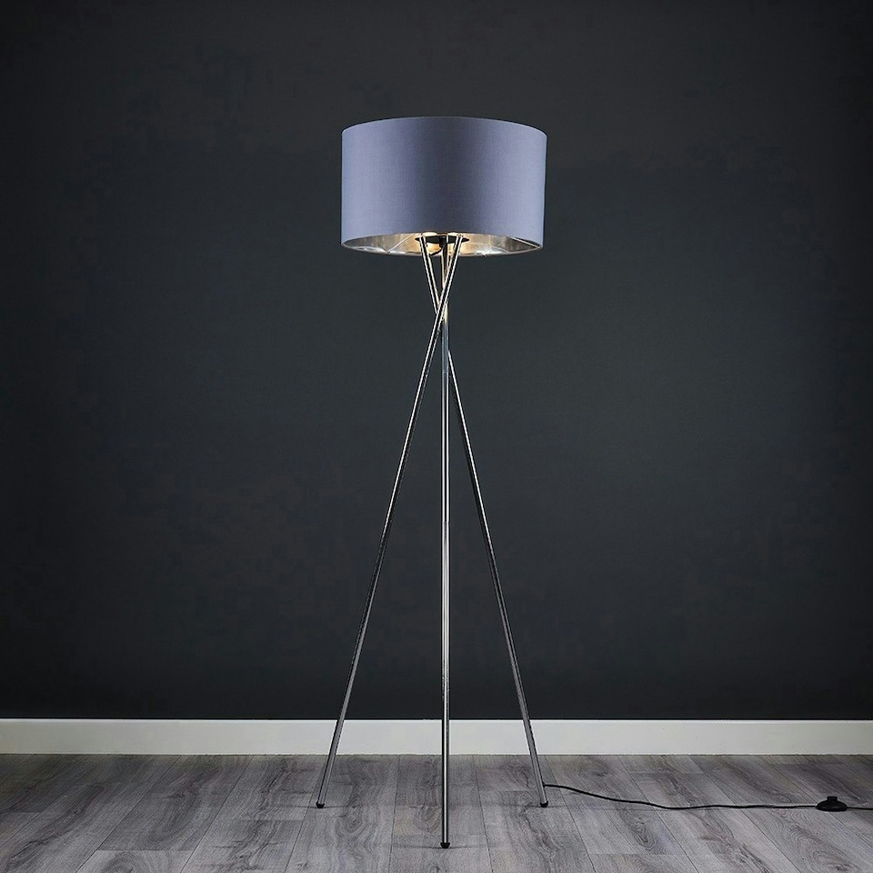 image 1 of ValueLights Camden Chrome Tripod Floor Lamp Grey & Silver Shade & Bulb | Silver
