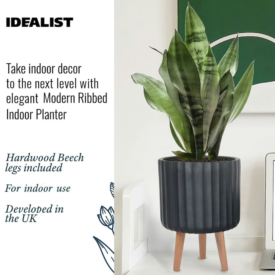 image 1 of Modern Ribbed Black Cylinder Planter on Legs, Round Pot Plant Stand Indoor D24 H32 cm, 7.6 ltrs Cap.