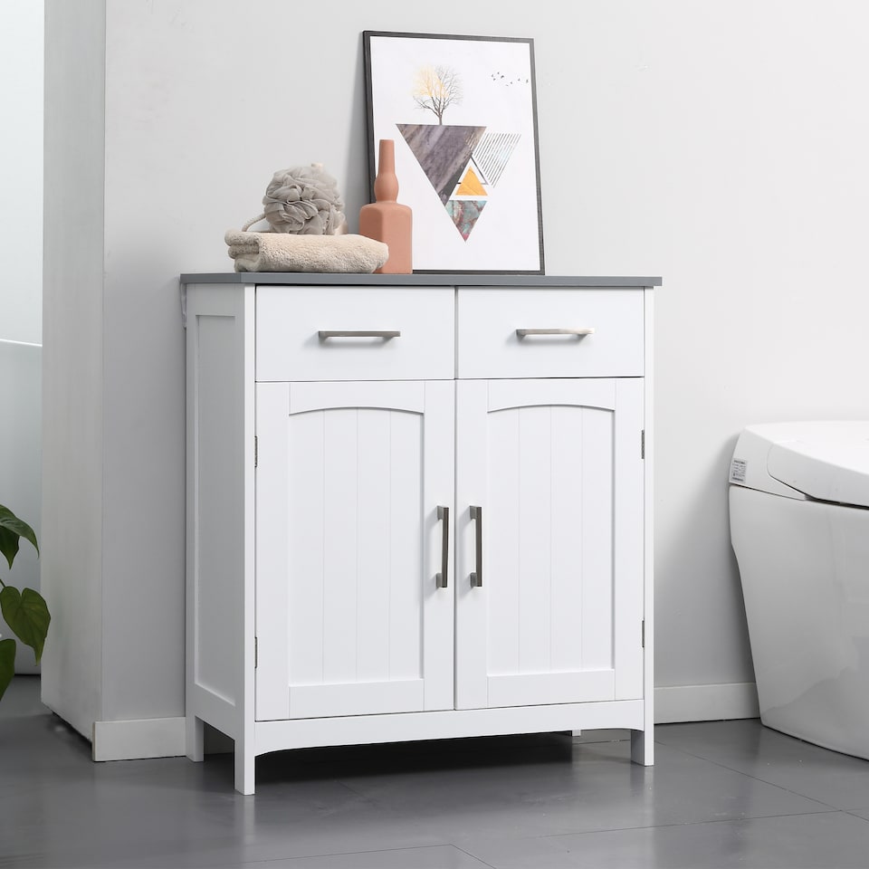image 1 of kleankin Freestanding Bathroom Cabinet, Storage Cupboard with 2 Drawers, Double Doors, Adjustable Shelf, White