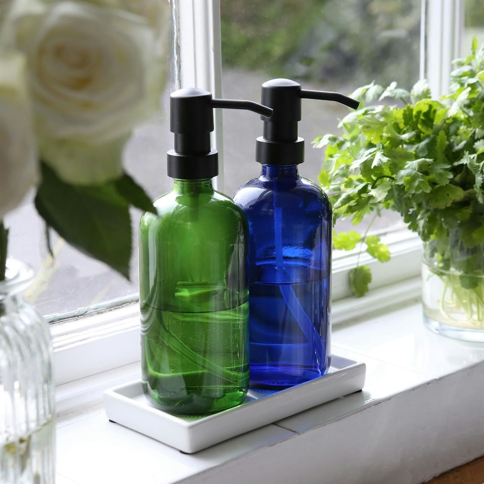 image 1 of Harbour Housewares 2pc Glass Soap Dispenser Set with Ceramic Tray - 500ml - Green