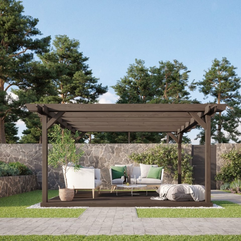 image 1 of Double Garden Pergola and Decking Kit - Wood - L420 x W420 cm - Rustic Brown
