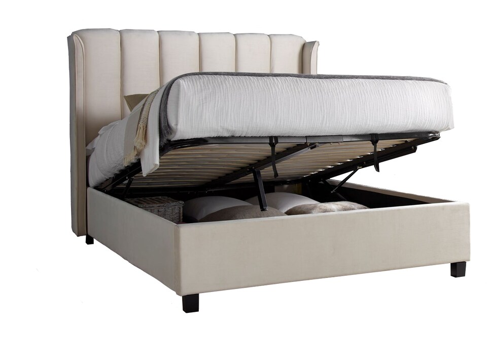 image 1 of 4ft6 Double Ottoman,Velvet fabric upholstered,lift up,storage,tall winged bed frame. Gas lift up, Boutique Hotel style, tall headend board, wing back