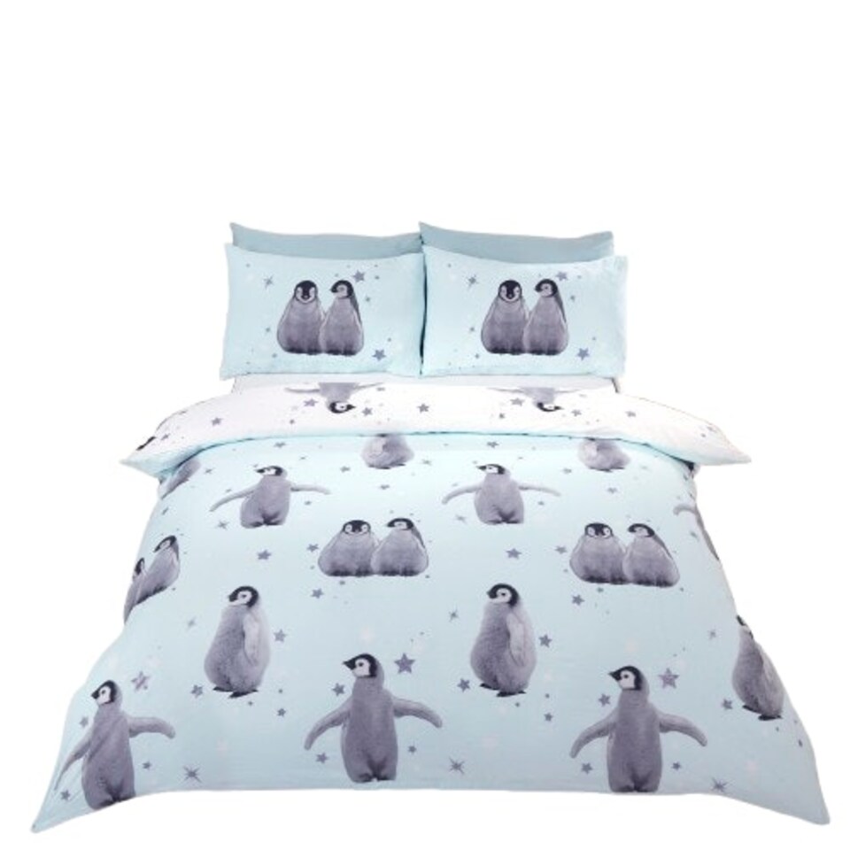 image 1 of Starry Penguins Polycotton Duvet Cover Set With Pillowcase | Pink | Double | 1