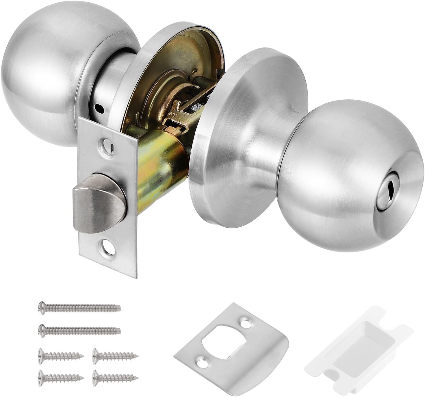 Door Handle, Privacy Door Knob with Lock Set, Stainless Steel Interior Door Handle for Bedroom & Bathroom, Round Keyless Lock with Fixing Kit, 1 Pack,