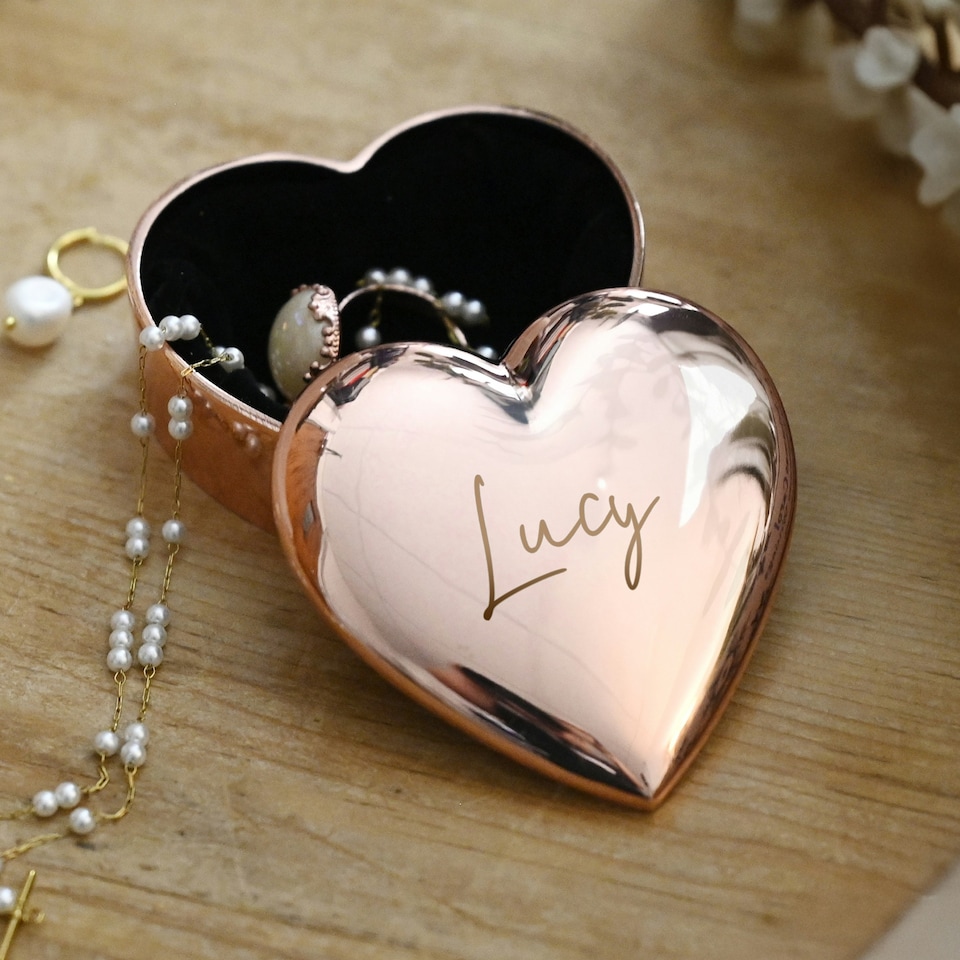 image 1 of Personalised Engraved Rose Gold Heart Trinket Box
