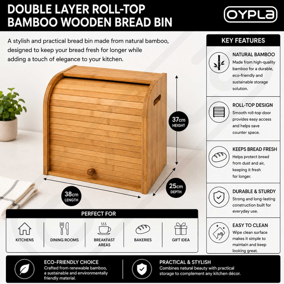 image 1 of Double Layer Roll Top Bamboo Wooden Bread Bin Kitchen Storage | Brown