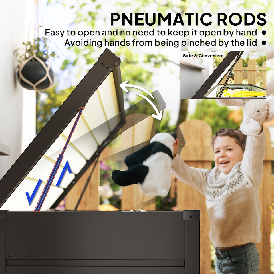 image 1 of Outsunny 311L Garden Storage Box, Outdoor Storage Box Waterproof with Lockable Lid and Gas Rods, Galvanised Steel Deck Box Container for Tools, Cushions, Accessories, Dark Grey