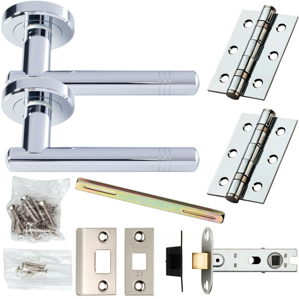 Loops Door Handle & Latch Pack Chrome Modern Straight Ring Bar Screwless Round Rose
