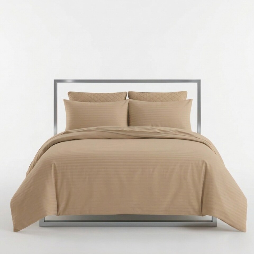 image 1 of Luxury Satin Stripe Duvet Cover Set T250 Cotton Rich Soft Bed Linen | Brown | Beige | Super King