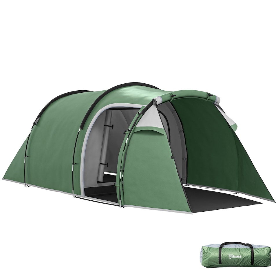 image 1 of Outsunny 3 Man Camping Tent with Porch and Weather-Resistant Rainfly, Green