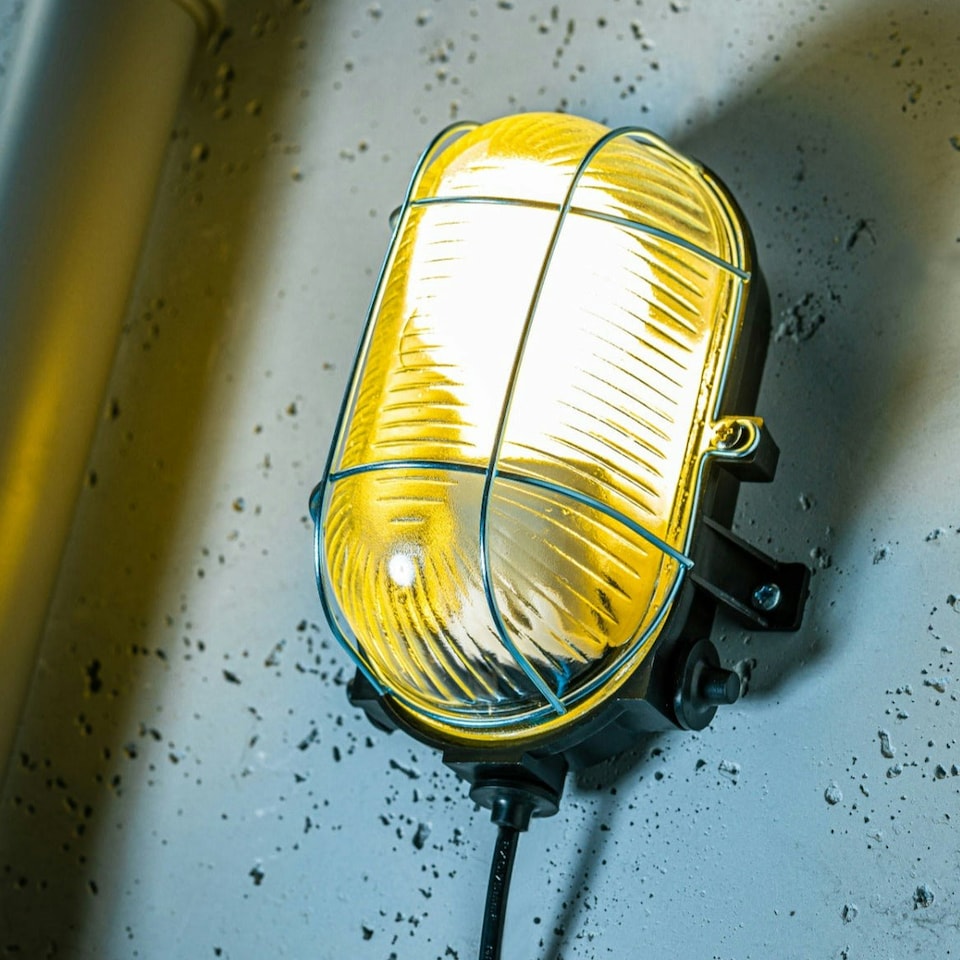 image 1 of CGC GINA Black Oval Metal Cage Bulkhead Wall Or Ceiling Light Black