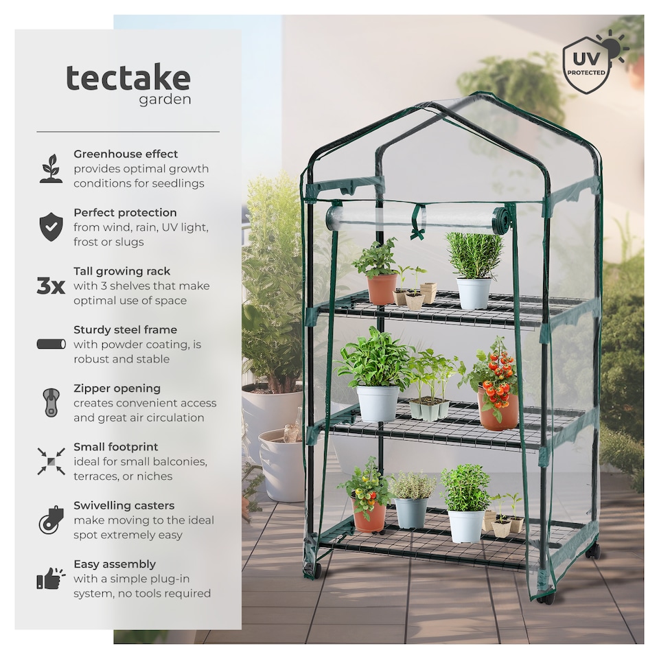 image 1 of Greenhouse - with wheels, 3 shelves, tarpaulin cover, 69 x 49 x 133 cm