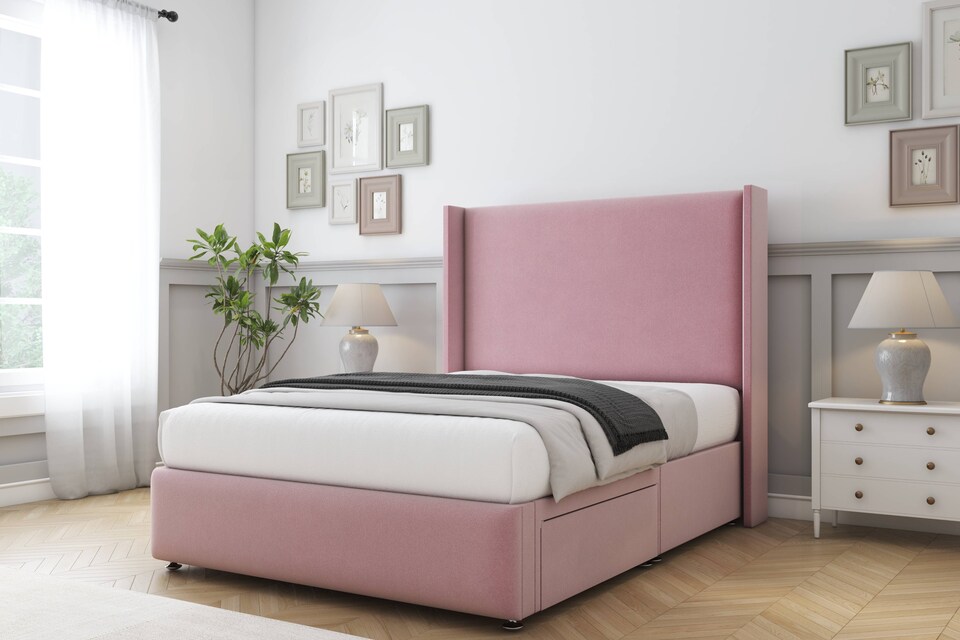 image 1 of Sloomy Stratford Pink Plush Divan Bed Base 2 Drawers Foot-End With 54 Inch Wingback Headboard & 12 Inch Matching Footboard | Pink | Pink | Super King | 1