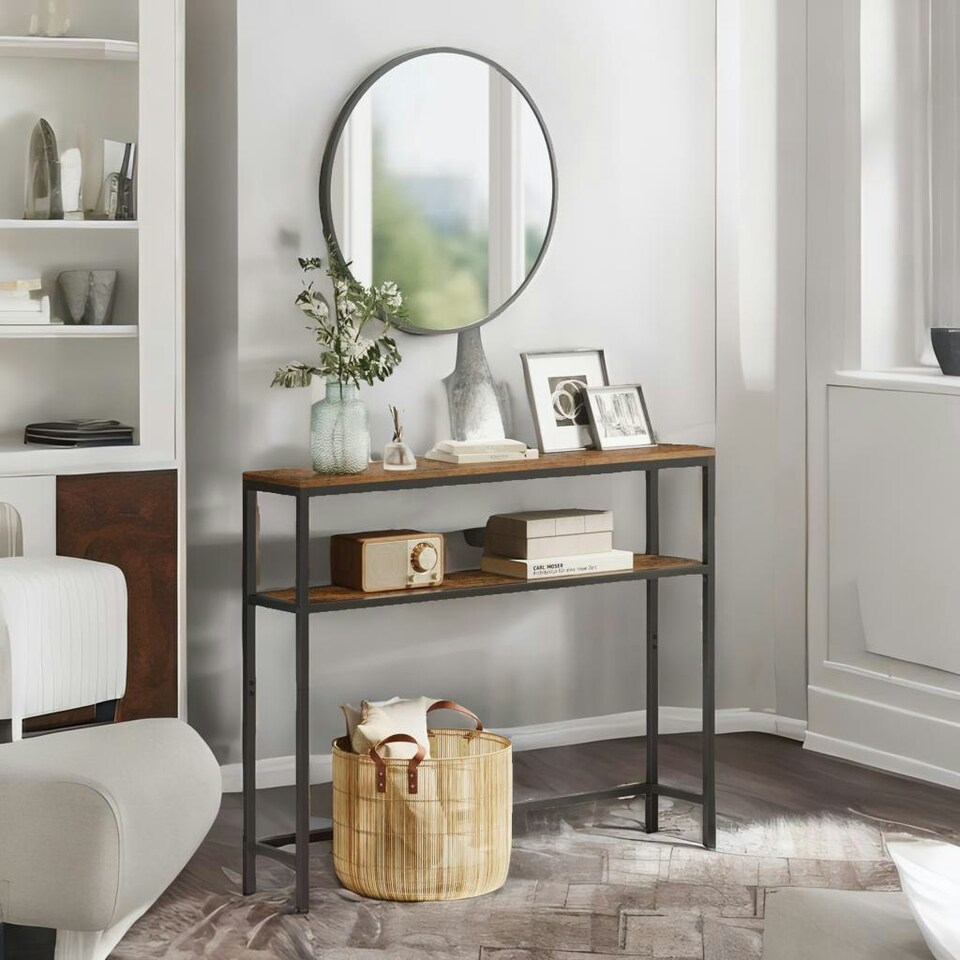 image 1 of Industrial Slim Console Table With 2 Shelves Rustic Brown Brown