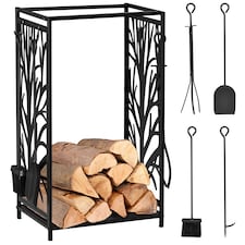 HOMCOM Heavy Duty Firewood Log Rack Wood Storage Holder w/ 4 Tools Steel, Black