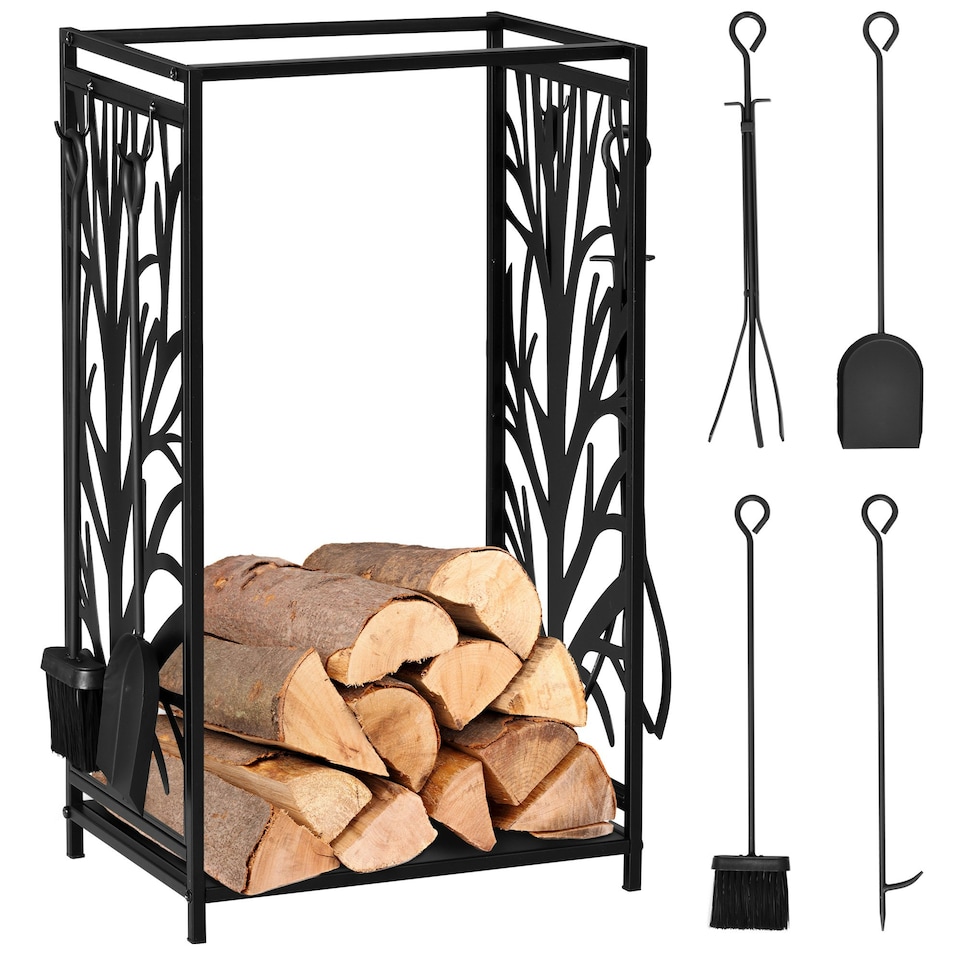 image 1 of HOMCOM Heavy Duty Firewood Log Rack Wood Storage Holder w/ 4 Tools Steel, Black