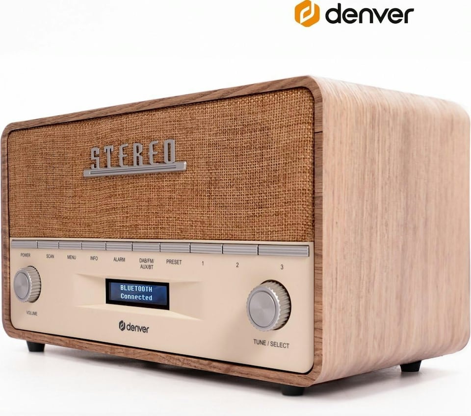 image 1 of Large Vintage Style DAB/DAB+ & FM Radio – Bluetooth – High Contrast Large Screen - AUX In – Clock & Dual Alarm – Dark Wood Cabinet – 2x5W – Mains or Battery