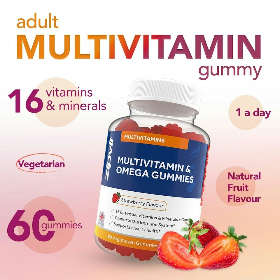 image 1 of Zipvit Multivitamin & Omega Gummies for Adults, 16 Vitamins, 60 Veggie Gummies, Supports Heart, Brain & Vision