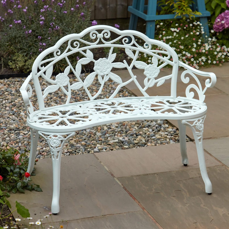 image 1 of Cast Aluminium Garden Bench Metal Frame 2 Seater Patio Chair Outdoor Seating | White