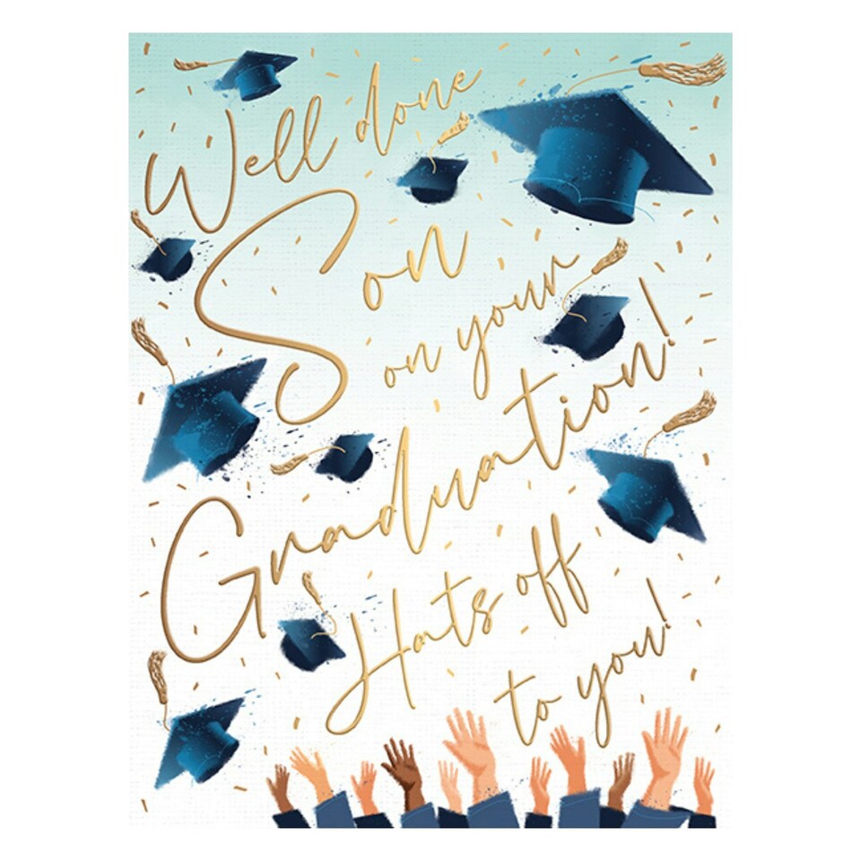 Words 'n' Wishes Graduation Card Son Hands Throwing Mortarboards
