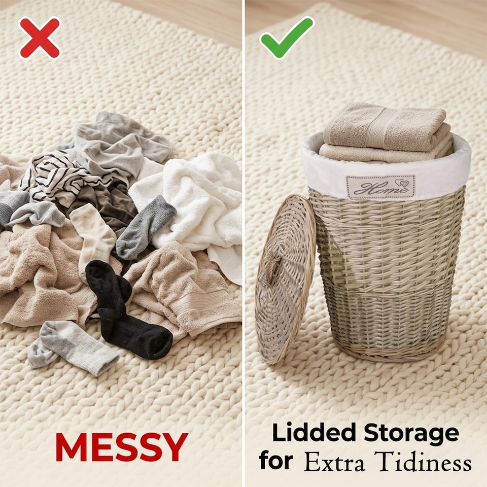 image 1 of Wicker Oval Laundry Basket Bathroom Storage Laundry Bag Bin With Liner and Lid