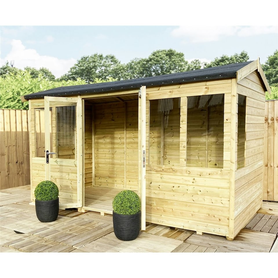 image 1 of 8 x 6 REVERSE Pressure Treated Tongue And Groove Apex Summerhouse + LONG WINDOWS + Safety Toughened Glass (8' x 6' / 8ft x 6ft) (8x6)