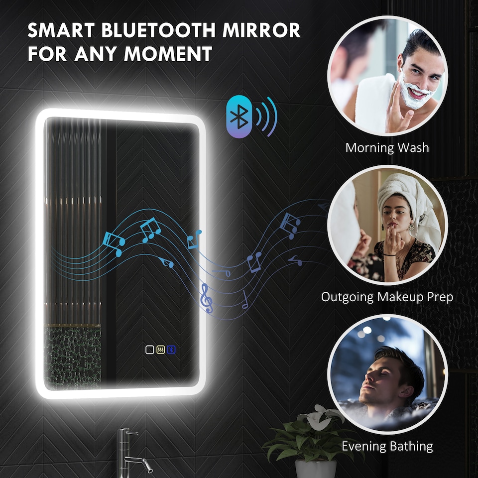 image 1 of HOMCOM 500 x 700 mm Backlit Illuminated Bathroom Mirror with LED Lights and Bluetooth, Wall Mounted Vanity Mirror with 3 Colours Dimmable, Anti-Fog, Memory Function, Touch Switch, IP44