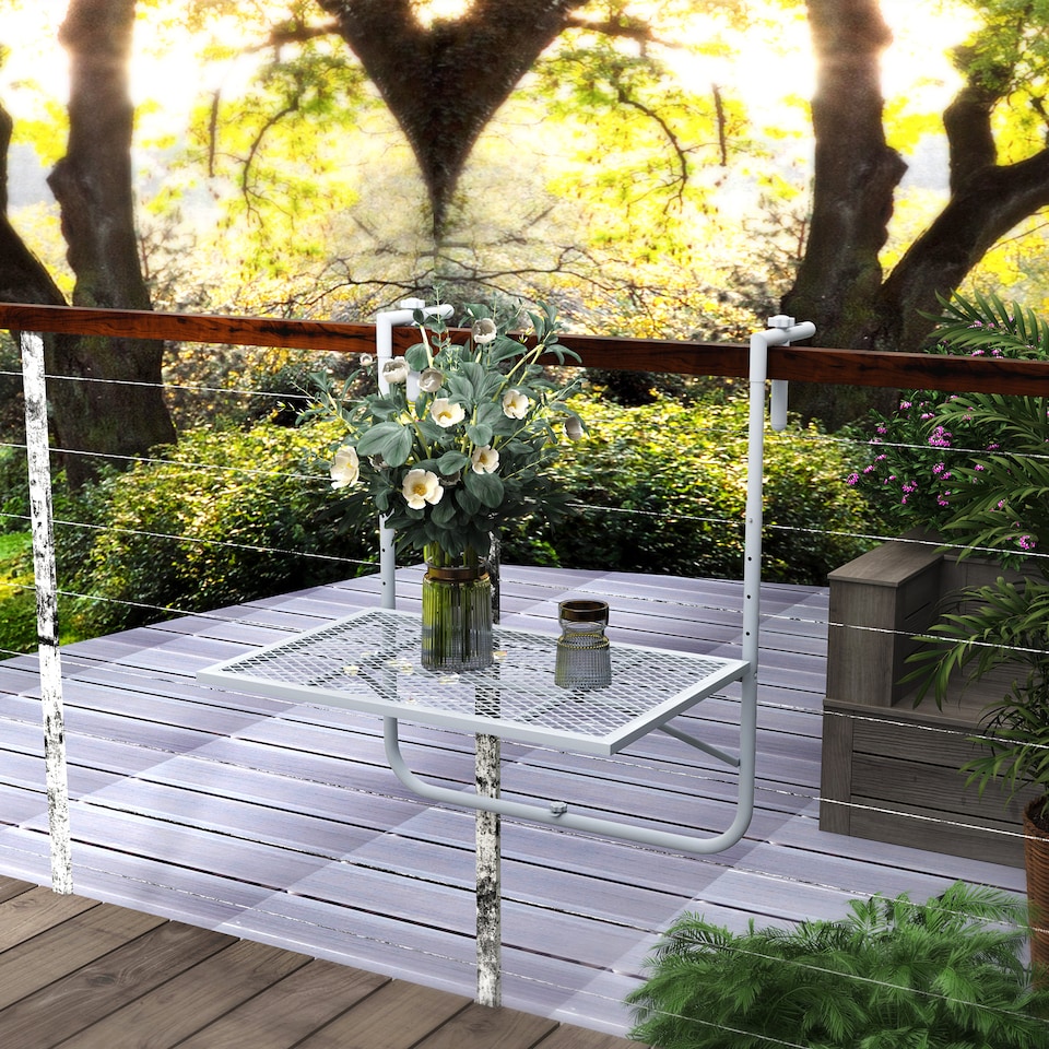 image 1 of Outsunny Balcony Hanging Table, Metal Wall Mount Desk, Adjustable Folding Balcony Deck Table for Patio and Garden, Grey | Grey | Grey