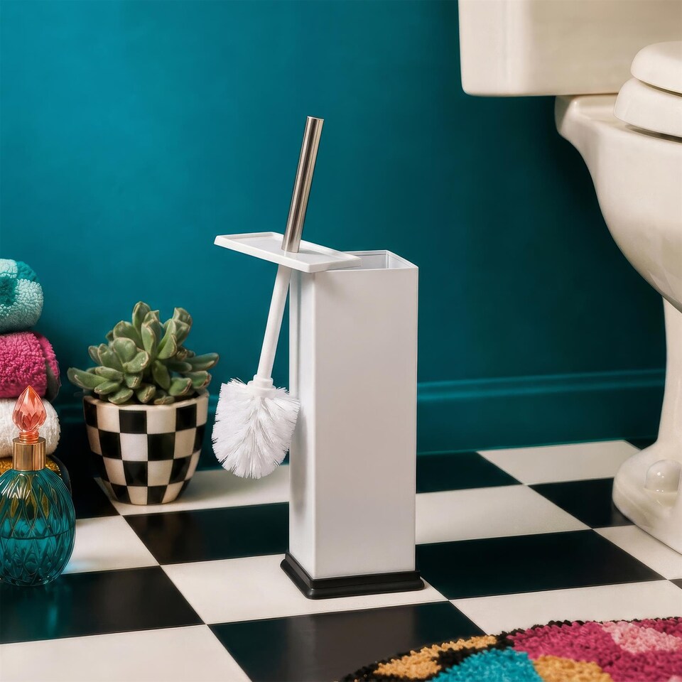 image 1 of Harbour Housewares 2x White Toilet Brushes with Holder - Square Brush with Non Slip Base Rust Resistant Toilet Cleaning Brush Set