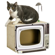 PawHut TV-Shaped Cat House, Cardboard with Scratcher Catnip Toy Mouse