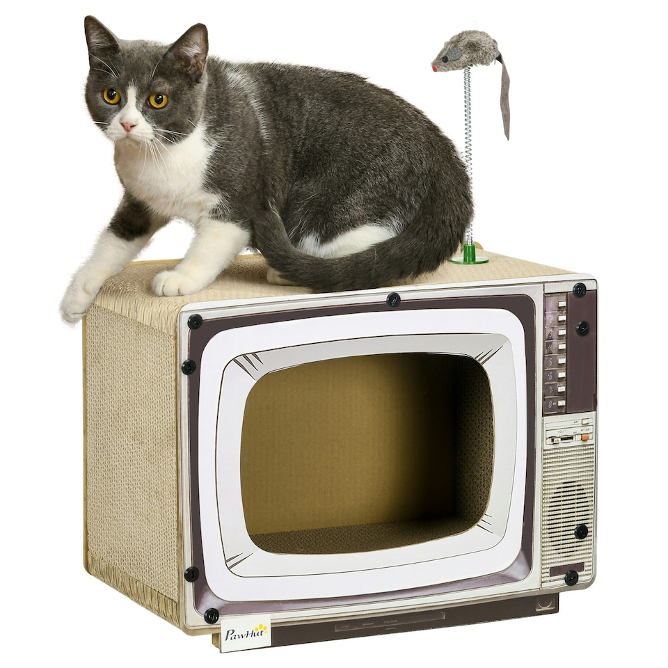 image 1 of PawHut TV-Shaped Cat House, Cardboard with Scratcher Catnip Toy Mouse