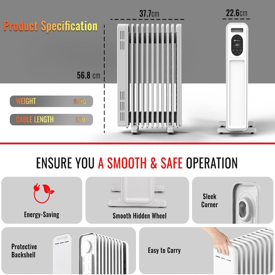 image 1 of 2300W Oil Filled Radiator with Remote Control White