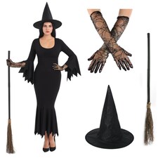 Witch Costume - Dress, Gloves, Hat & Broom | Black | XL