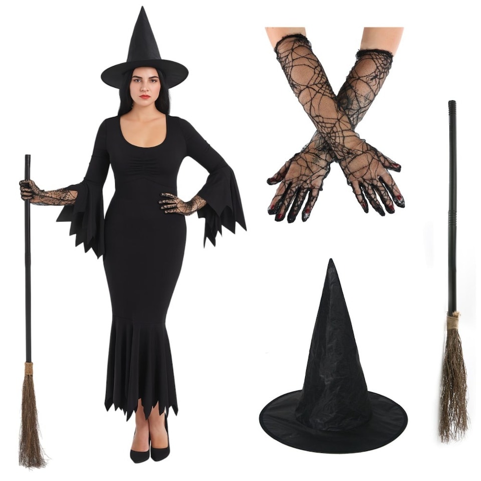 image 1 of Witch Costume - Dress, Gloves, Hat & Broom | Black | XL
