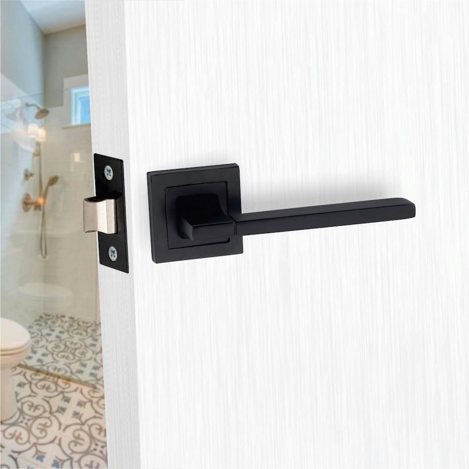 image 1 of Golden Grace 1 Pair Aztec Design Straight Door Handles on Square Rose in Matt Black Finish - 52mm x 52mm Backplate Black