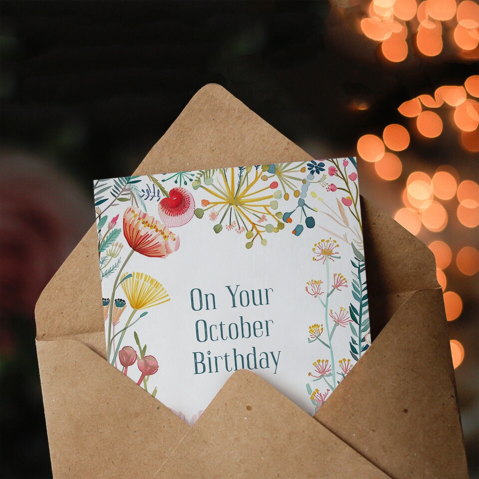 image 1 of Greeting Card Born in October Bright Sincere Floral Flowers Birthday