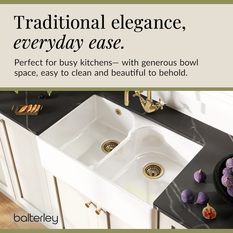 image 1 of Balterley Fireclay Double Bowl Stepped Weir Butler Kitchen Sink - with Overflow | White | White | 1