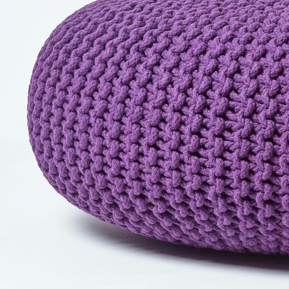 image 1 of Homescapes Deep Purple Large Round Cotton Knitted Pouffe Footstool