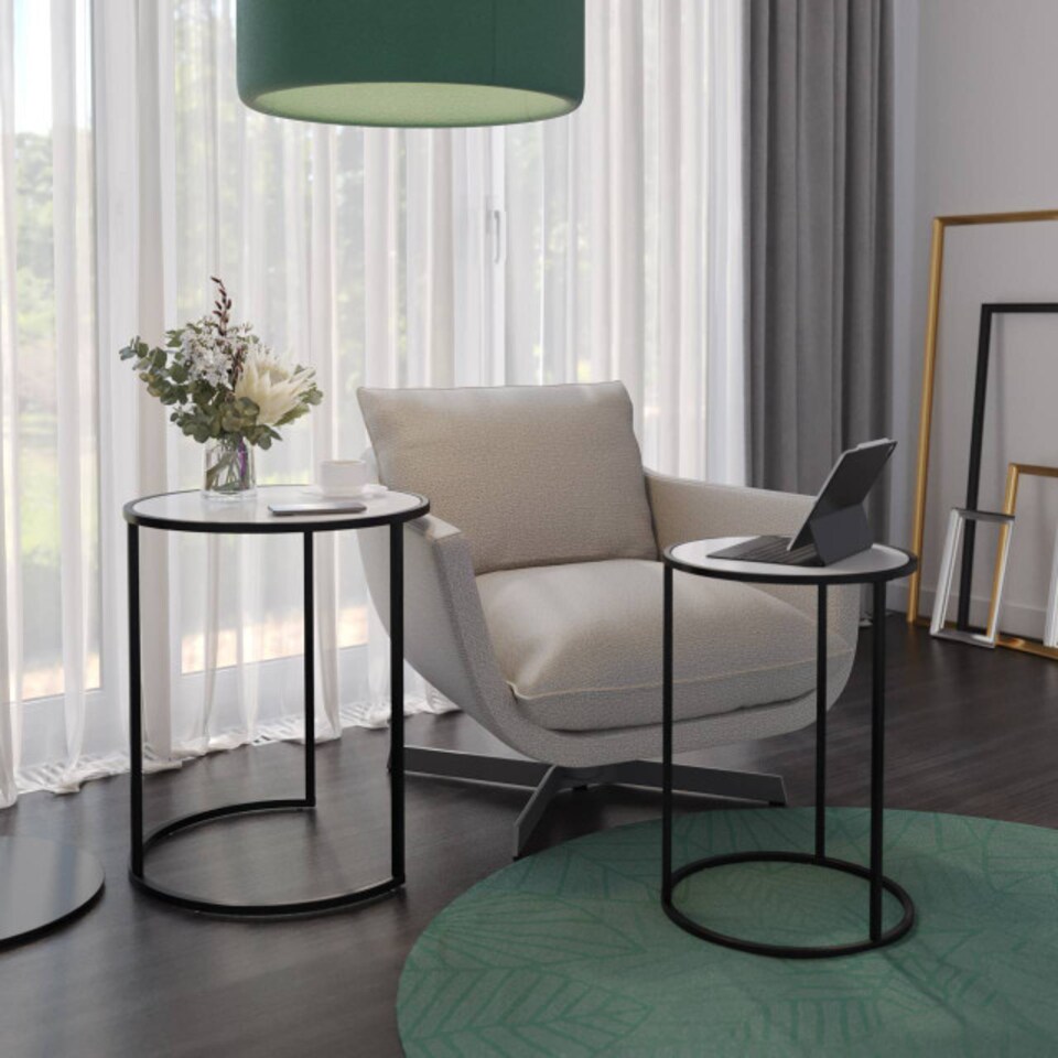 image 1 of 2 Piece Round Nesting Side Tables Set Tempered Glass Top Metal Leg Coffee Tables | Multi | Black Legs White Glass