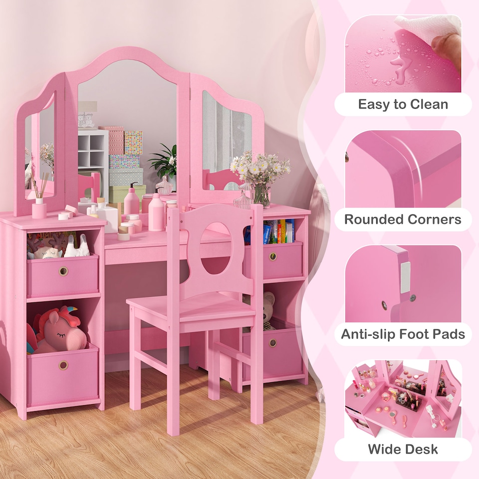 image 1 of COSTWAY Kids Vanity Desk & Chair 2 in 1 Toddler Makeup Pink