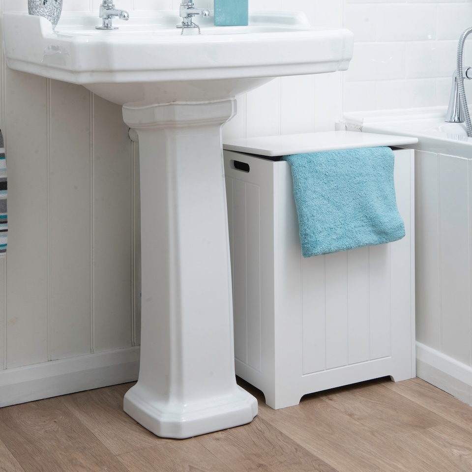 image 1 of Chester Large White Wooden Laundry Bin, Bathroom Storage Chest, Cabinet, Hamper